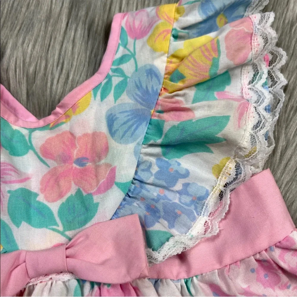 Vintage Baby Girls Blue Pink Floral Ruffle Pinafore Dress
